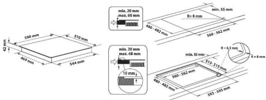 min. 20 mm max. 60 mm 480 - 482 mm R= 8 mm min. 55 mm 560 - 562 mm 42 mm 590 mm 510 mm 469 mm 544 mm min. 30 mm max. 68 mm 10 mm min. 55 mm 513 - 515 mm 480 - 482 mm 560 - 562 mm 593 - 599 mm R= 6.5 mm R= 8 mm