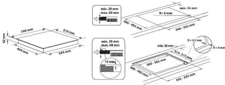 min. 20 mm max. 60 mm 480 - 482 mm min. 55 mm R= 8 mm 560 - 562 mm 42 mm 590 mm 510 mm 469 mm 544 mm min. 30 mm max. 68 mm 10 mm min. 55 mm R= 6,5 mm 513 - 515 mm 480 - 482 mm 560 - 562 mm 593 - 595 mm