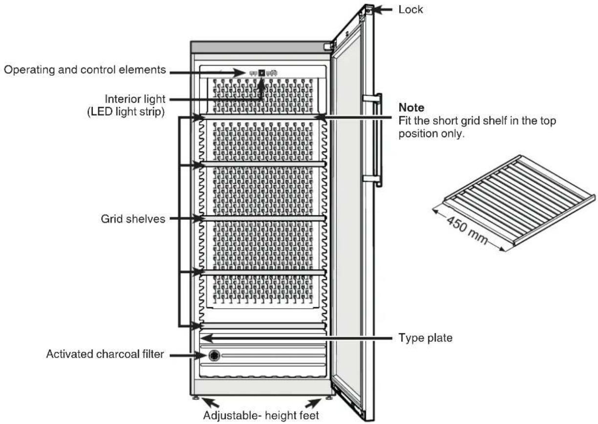 Lock Operating and control elements Interior light (LED light strip) Grid shelves Activated charcoal filter Adjustable- height feet Note Fit the short grid shelf in the top position only. 450 mm Type plate