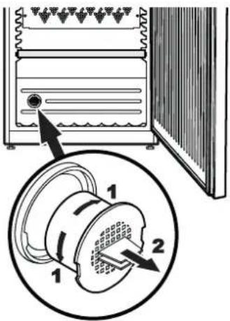 Diagram showing a device with labeled components and a magnified view of the internal component with arrows indicating flow or movement.