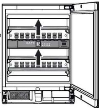 Diagram of an open industrial rack cabinet with labeled components and directional arrows indicating movement or flow.