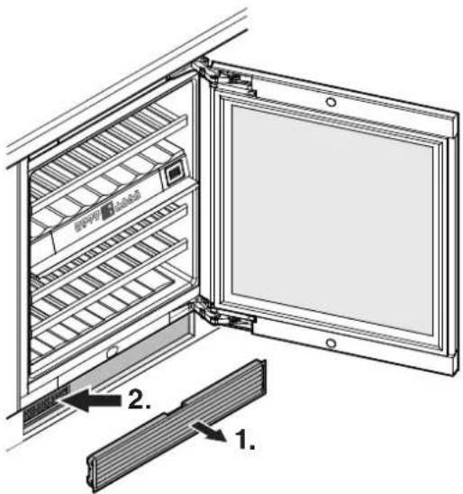 Technical diagram of an open refrigerator with labeled parts and numbered annotations