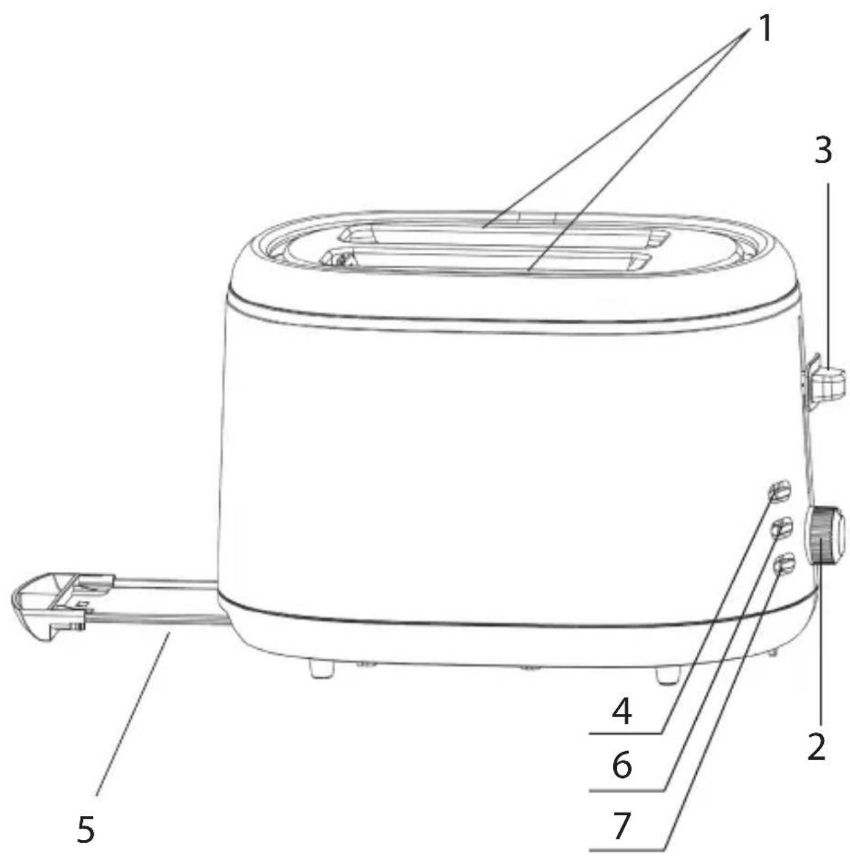 Technical diagram of a toaster with numbered parts labeled 1 through 7