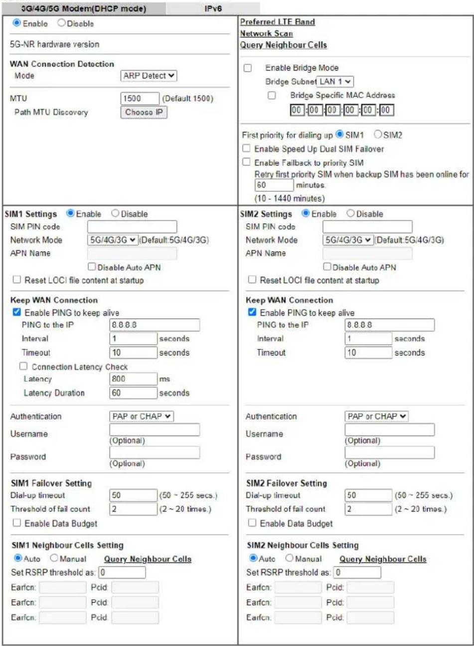 Draytek Vigor 2927ac - II-1-2-8 Details Page for 3G/4G/5G Modem (DHCP mode) in 5G-NR WAN - 1