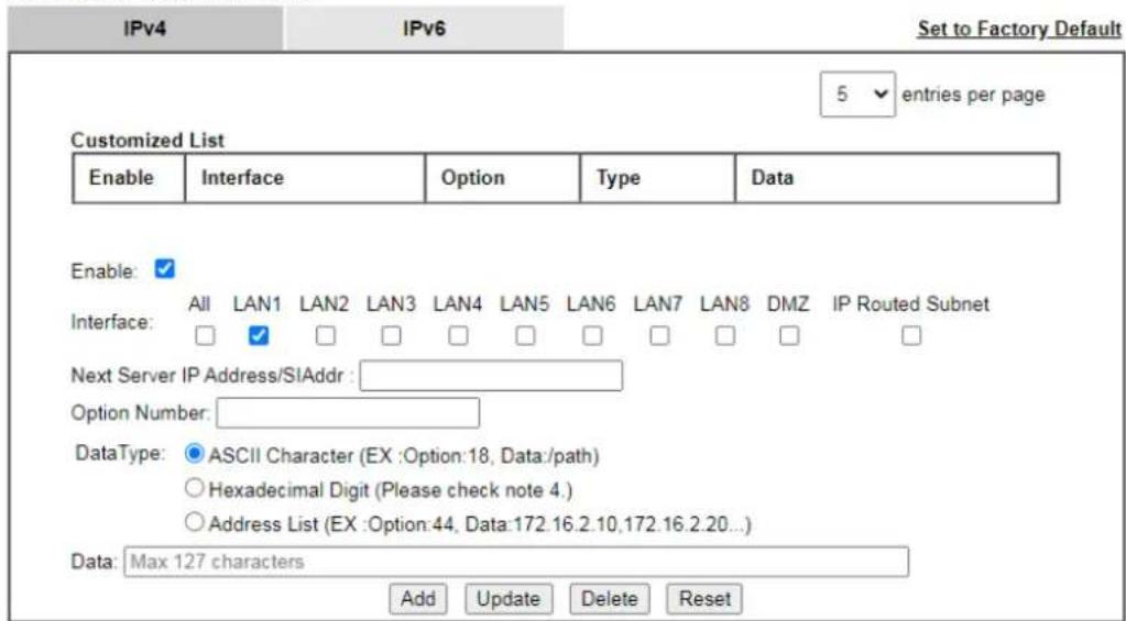 Draytek Vigor 2927ac - II-2-1-5 DHCP Server Options - 1