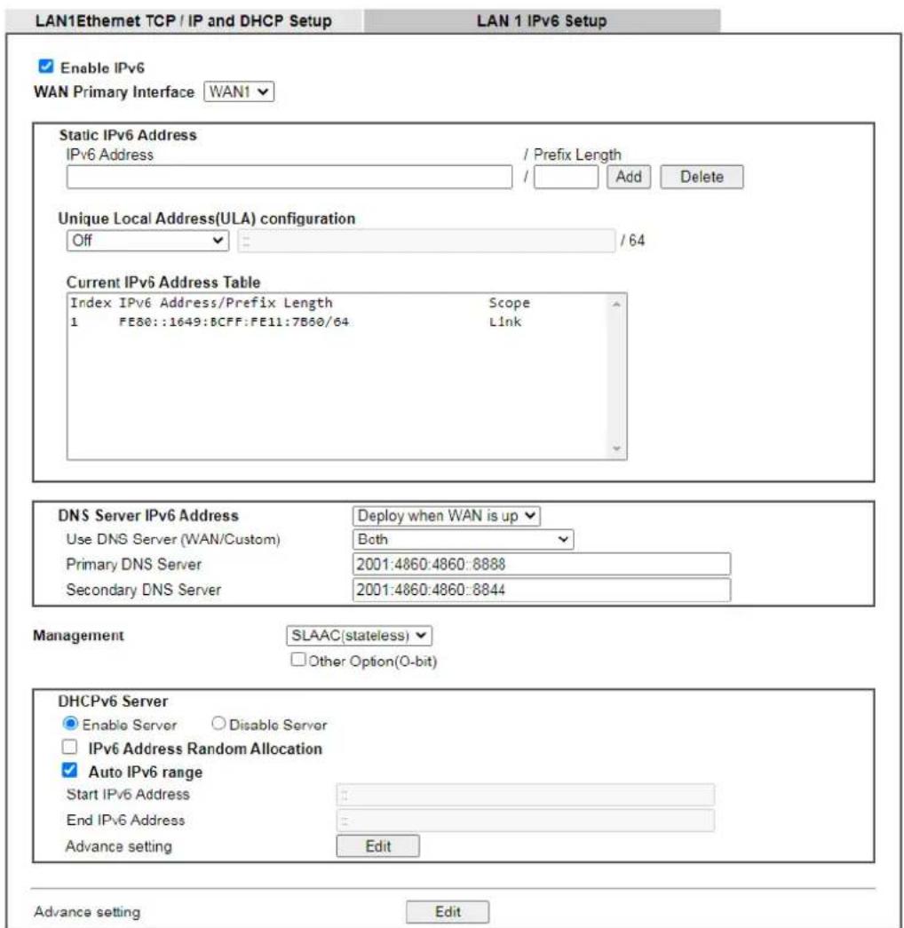 Draytek Vigor 2927ac - II-2-1-4 Details Page for LAN IPv6 Setup - 1