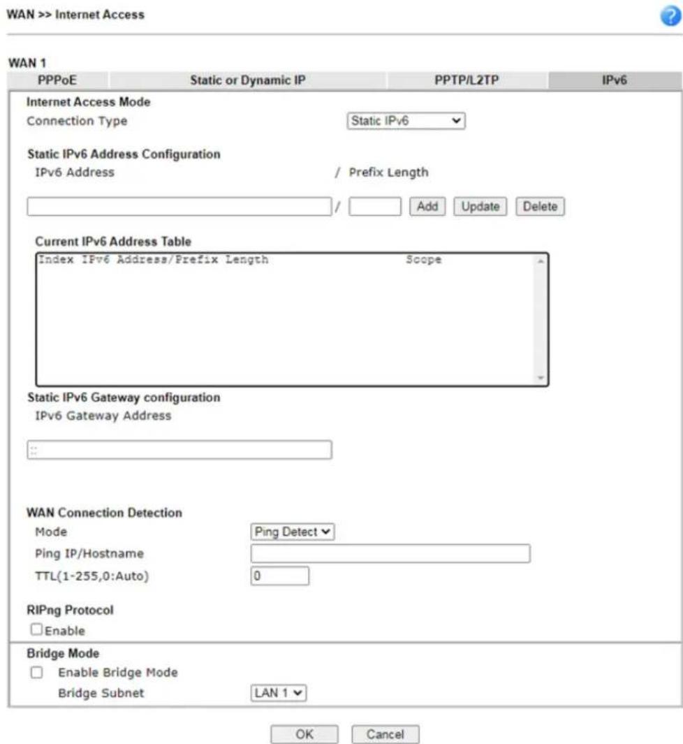 Draytek Vigor 2927ac - II-1-2-14 Details Page for IPv6 – Static IPv6 in WAN1/WAN2 - 1