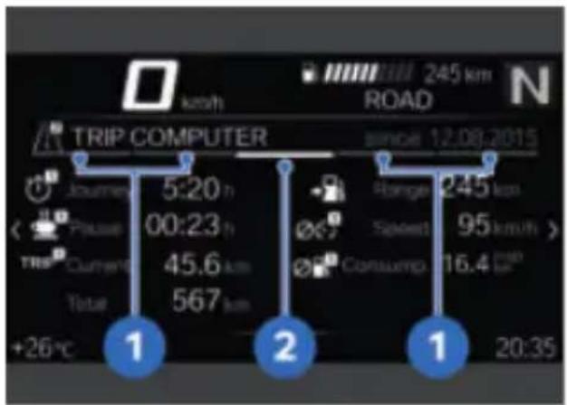 km/h 245 km ROAD N TRIP COMPUTER since 12.08.2015 Journey 5:20 00:23 45.6 km 567 km Range 245 km Speed 95 km/h Consump 16.4 km +26°C 20:35