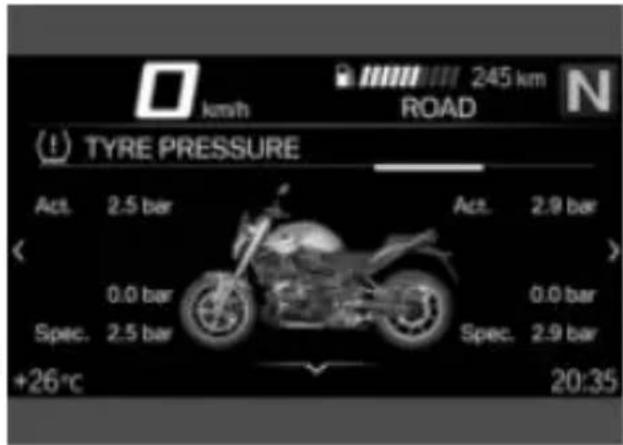 km/h 245 km ROAD (1) TYRE PRESSURE Act. 2.5 bar Act. 2.9 bar ( 0.0 bar Spec. 2.5 bar Spec. 2.9 bar +26°C 20:35