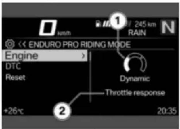 km/h 245 km RAIN << ENDURO PRO RIDING MODE Engine DTC Reset Dynamic Throttle response +26°C 20:35