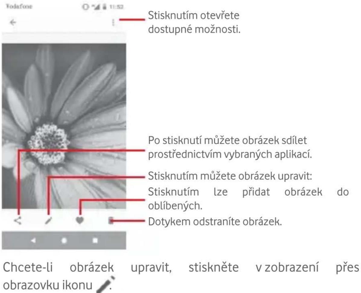 Stisknutím otevřete dostupné možnosti. Po stisknutí můžete obrázek sdílet prostřednictvím vybraných aplikací. Stisknutím můžete obrázek upravit: Stisknutím lze přidat obrázek do oblíbených. Dotykem odstraníte obrázek. Chcete-li obrázek upravit, stiskněte v zobrazení přes obrazovku ikonu.