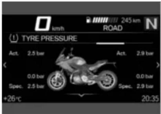 km/h 245 km ROAD TYRE PRESSURE Act. 2.5 bar Act. 2.9 bar 0.0 bar Spec. 2.5 bar Spec. 2.9 bar +26°C 20:35