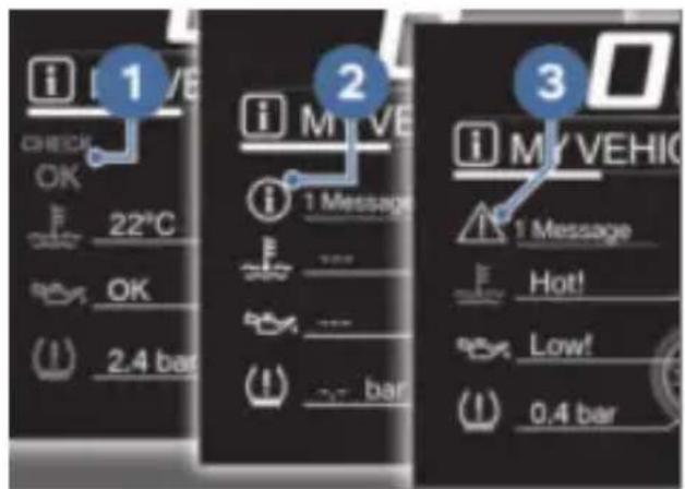 i I V/8 CHECK OK F 22°C OK (↓) 2.4 bar i M VE i 1 Message F - - - (↓) bar i MY VEHIO i 1 Message F Hot! Low! (↓) 0.4 bar
