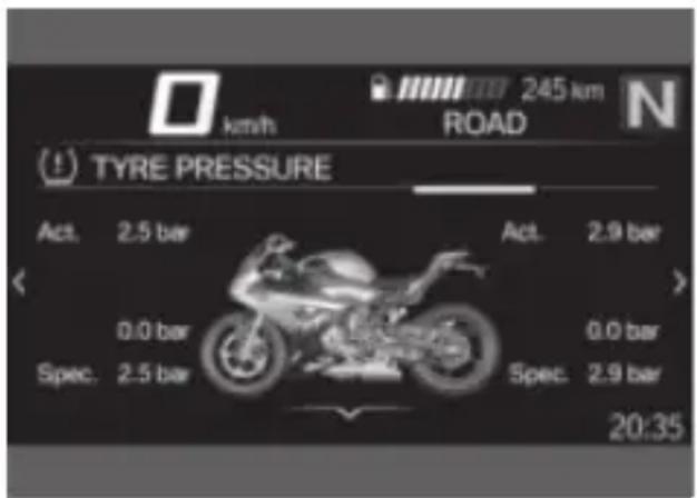 km/h 245 km ROAD TRE PRESSURE Act. 2.5 bar 0.0 bar Spec. 2.5 bar Act. 2.9 bar 0.0 bar Spec. 2.9 bar 20:35
