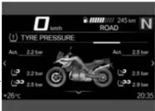 km/h 245 km ROAD TYRE PRESSURE Act. 2.2 bar Act. 2.5 bar + 26°C 20:35