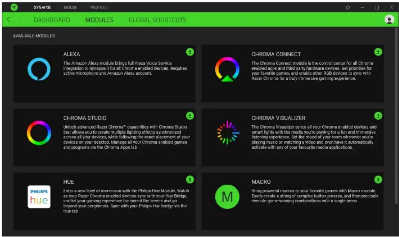 SYNAPSE MOUSE PROFILES DASHBOARD MODULES GLOBAL SHORTCUTS AVAILABLE MODULES ALEXA The Amazon Alexa module brings full Alexa Voice Service integration to Synapse 3 for all Chroma enabled devices. Requires active microphone and Amazon Alexa account. CHROMA CONNECT The Chroma Connect module is the cont…