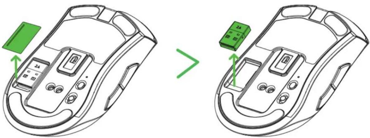 Technical line drawing of a computer case with a green component, showing before and after assembly (no text or symbols)