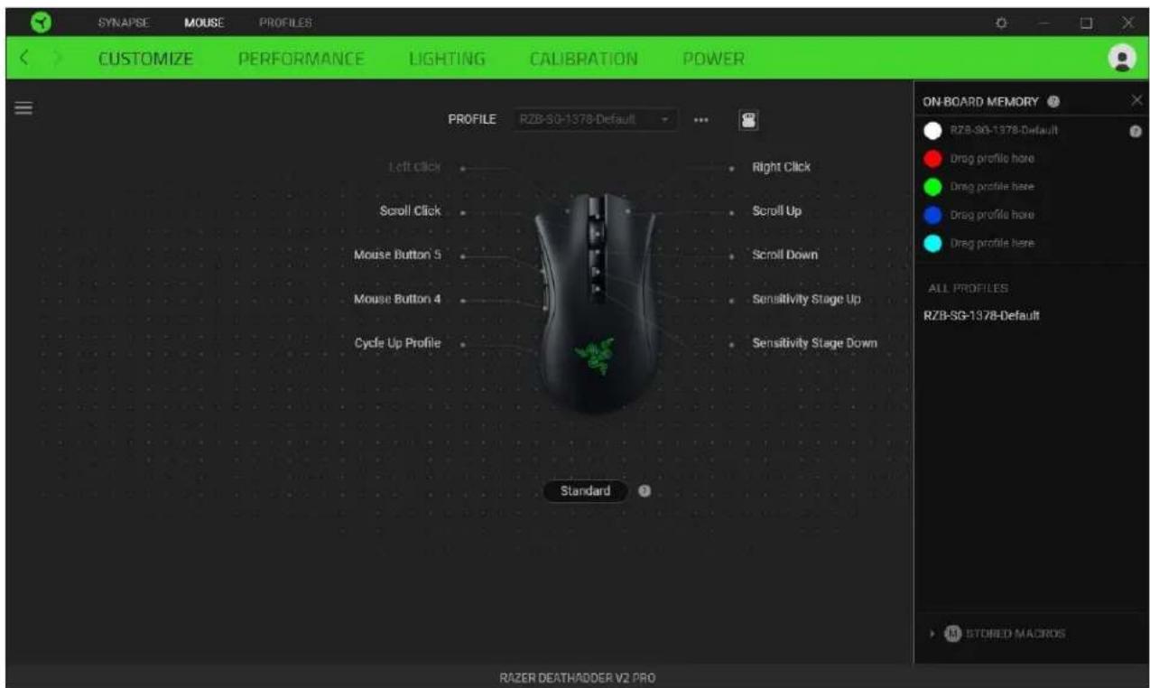 SYNAPSE MOUSE PROFILES CUSTOMIZE PERFORMANCE LIGHTING CALIBRATION POWER PROFILE RZB-SG-1378-Default Left Click Scroll Click Mouse Button 5 Mouse Button 4 Cycle Up Profile Right Click Scroll Up Scroll Down Sensitivity Stage Up Sensitivity Stage Down Standard ON BOARD MEMORY RZB-SG-1378-Default Drag p…