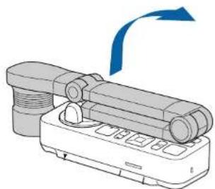 Diagram of a handheld device with a blue arrow indicating rotation or movement (no text or symbols present)