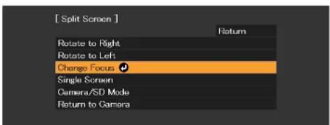 [Split Screen] Return, Rotate to Right, Rotate to Left, Change Focus, Single Screen, Camera/SD Mode, Return to Camera.