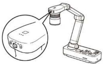 Diagram of a desktop computer with an arm and monitor, showing ports and a close-up view (no text or symbols).