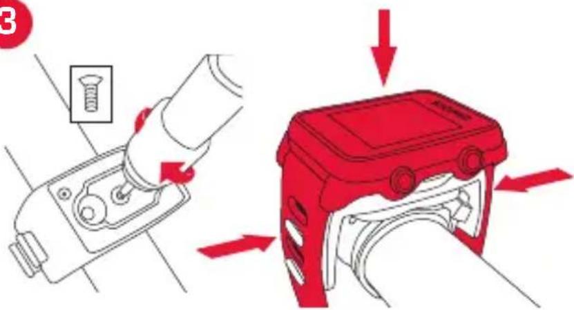 Diagram illustrating screw fastening process with red arrows indicating movement of a component