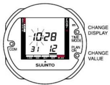 10:28 3:12 COM SUUNTO m TIME MODE PLAN ON CHANGE DISPLAY CHANGE VALUE