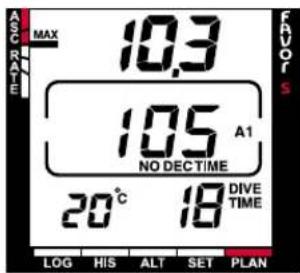 MAX 10.3 105 A1 NO DECTIME 20°C 18 DIVE TIME FAVORS LOG HIS ALT SET PLAN