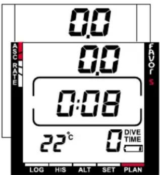 0.0 0.0 0:08 22°C DIVE TIME LOG HIS ALT SET PLAN ACCRATE FAVORS