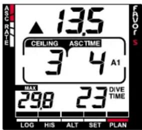 ASC RATE ▲ 13.5 CEILING ASC TIME 3 4 A1 MAX 29.8 23 DIVE TIME LOG HIS ALT SET PLAN FAUORS