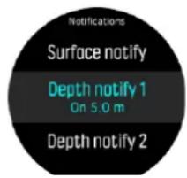 SUUNTO D5 - Postup nastavení upozornění na hloubku (pouze volné potápění) - 1