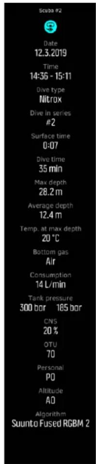 Scuba #2 Date 12.3.2019 Time 14:36 - 15:11 Dive type Nitrox Dive in series #2 Surface time 0:07 Dive time 35 min Max depth 28.2 m Average depth 12.4 m Temp. at max depth 20 °C Bottom gas Air Consumption 14 L/min Tank pressure 300 bor 185 bor CNS 20 % OTU 70 Personal PO Altitude AO Algorithm Suunto Fused RGBM 2
