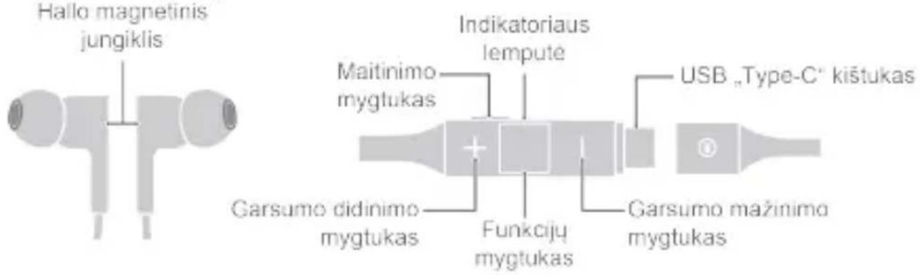 Hallo magnetinis jungiklis Indikatoriaus lemputė Maitinimo mygtukas USB „Type-C“ kištukas Garsumo didinimo mygtukas Funkciju mygtukas Garsumo mažinimo mygtukas