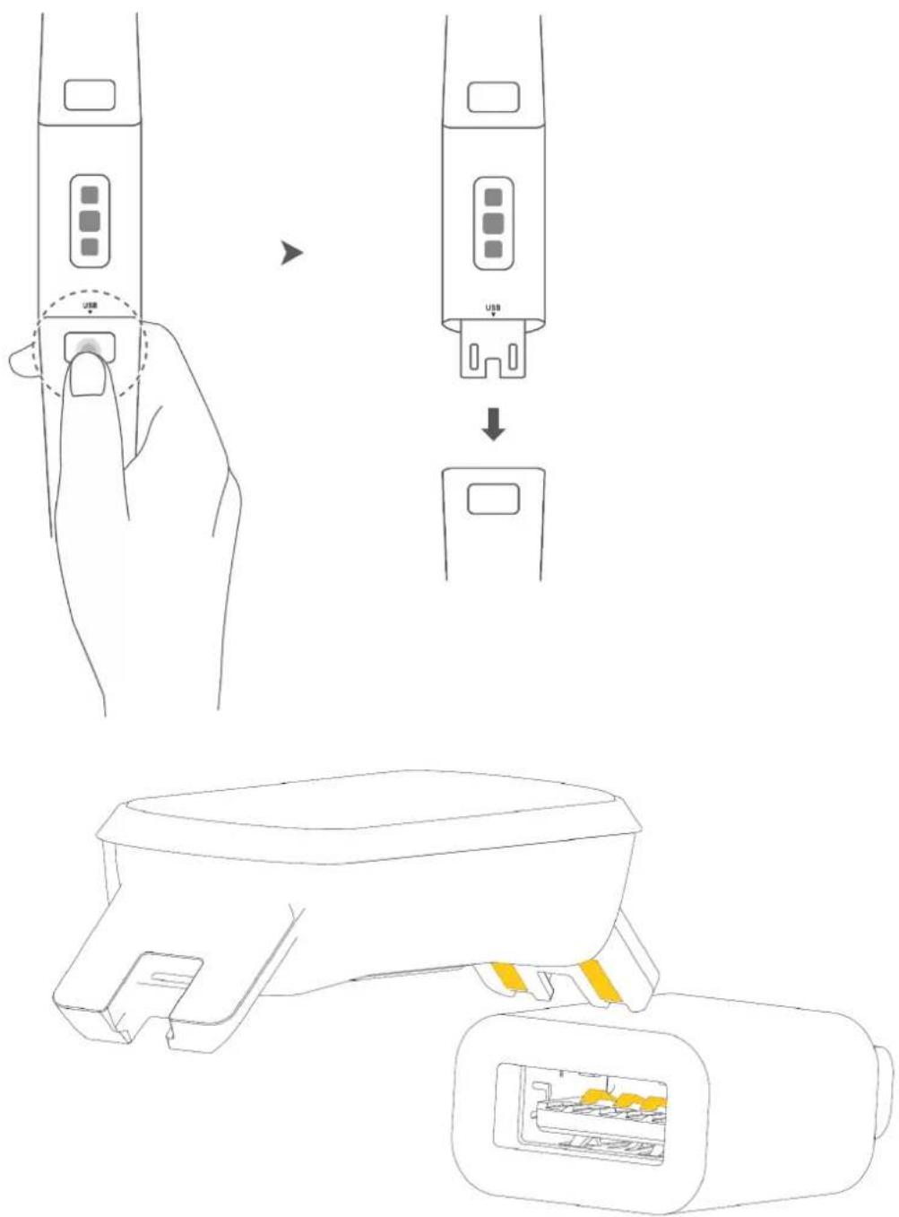 Diagram illustrating USB port connection to a device, showing hand positioning and USB port insertion steps