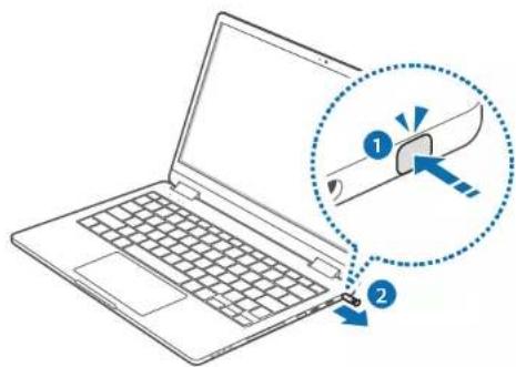Diagram showing a laptop with a magnified view of a device being processed, labeled with steps 1 and 2.