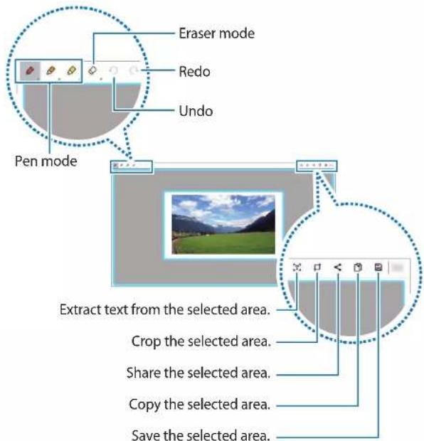 Eraser mode Redo Undo Pen mode Extract text from the selected area. Crop the selected area. Share the selected area. Copy the selected area. Save the selected area.