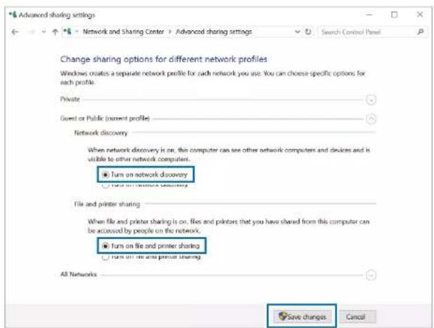 Advanced sharing settings Network and Sharing Center > Advanced sharing settings Search Control Panel Change sharing options for different network profiles Windows creates a separate network profile for each network you use. You can choose specific options for each profile. Private: Guest or Public (current profile) Network discovery When network discovery is on, this computer can see other network computers and devices and is visible to other network computers. ● Turn on network discovery ● Turn on network discovery File and printer sharing When file and printer sharing is on, files and printers that you have shared from this computer can be accessed by people on the network. ● Turn on file and printer sharing ○ Turn on file and printer sharing All Networks Save changes Cancel