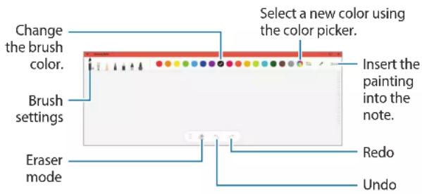 Change the brush color. Brush settings Eraser mode Select a new color using the color picker. Insert the painting into the note. Redo Undo