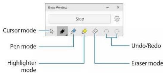 Show Window Stop Cursor mode Pen mode Highlighter mode Undo/Redo Eraser mode