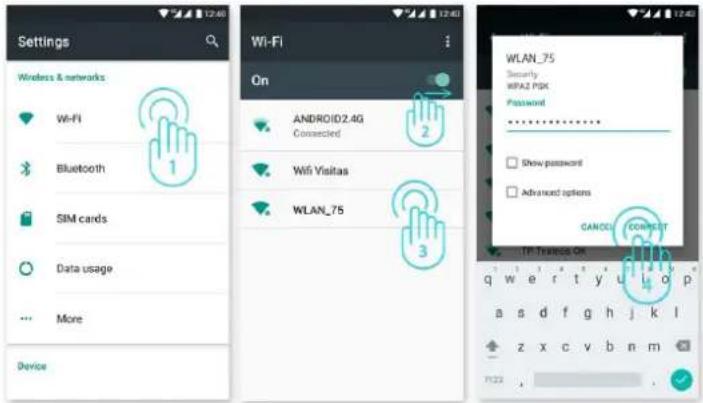 Settings Wireless & networks Wi-Fi Bluetooth SIM cards Data usage More Device Wi-Fi On ANDROID/2.4G Connected WiFi Visitas WLAN_75 2 3 WLAN_75 Security RPAZ PDX Password ********** Show password Advanced options CANCEL CONNECT TP Transactions OK