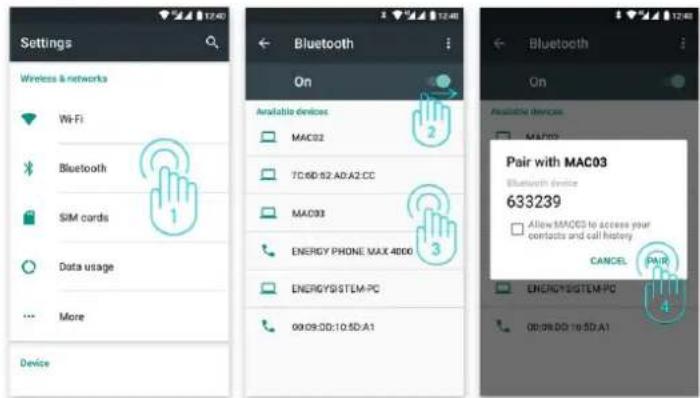 Settings Wireless & networks Wi-Fi Bluetooth SIM cards Data usage More Device Bluetooth On Available devices MAC02 7C:6D:52.A0:A2.CC MAC03 ENERGY PHONE MAX 4000 ENERGY/SISTEM-PC 09:09:0D:10.5D:A1 Bluetooth On Available devices MAC02 Pair with MAC03 Bluetooth device 633239 Allow MACOS to access your…