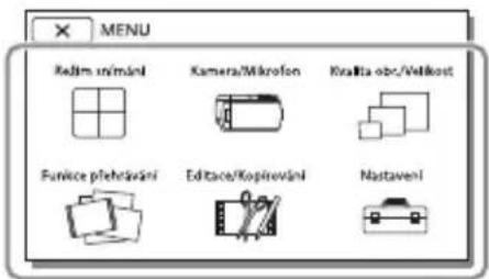 MENU Realim unímání Kamera/Mikrofon Kralita obr./Velkost Funkce přehčavání Editace/Kopírování Nastavení