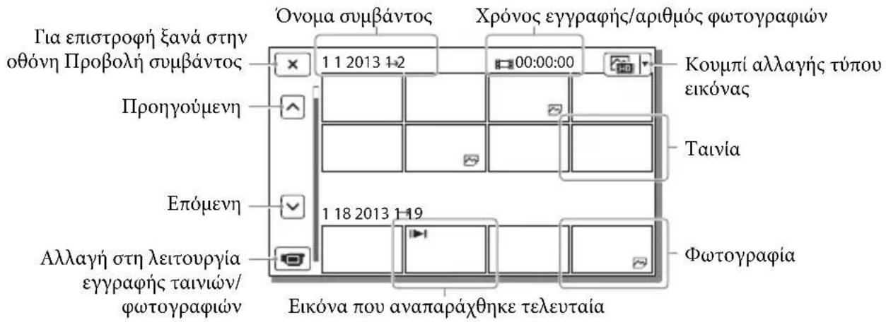 Για επιστροφή ξανά στην οθόνη Προβολή συμβάντος Προηγούμενη Επόμενη Αλλαγή στη λειτουργία εγγραφής ταινιών/ φωτογραφιών Όνομα συμβάντος Χρόνος εγγραφής/αριθμός φωτογραφιών Κουμπί αλλαγής τύπου εικόνας Ταινία Φωτογραφία Εικόνα που αναπαράχθηκε τελευταία