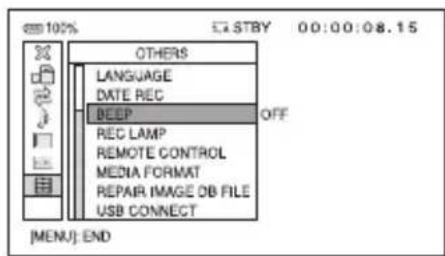 100% STBY 00:00:08.15 OTHERS LANGUAGE DATE REC BEEP OFF REC LAMP REMOTE CONTROL MEDIA FORMAT REPAIR IMAGE DB FILE USB CONNECT [MENU]: END