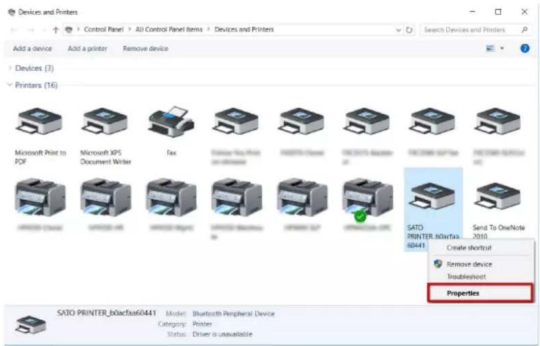 SATO CL4NX Plus - Open [Devices and Printers]\*, right-click the product added as a Bluetooth device, and select [Properties]. - 1