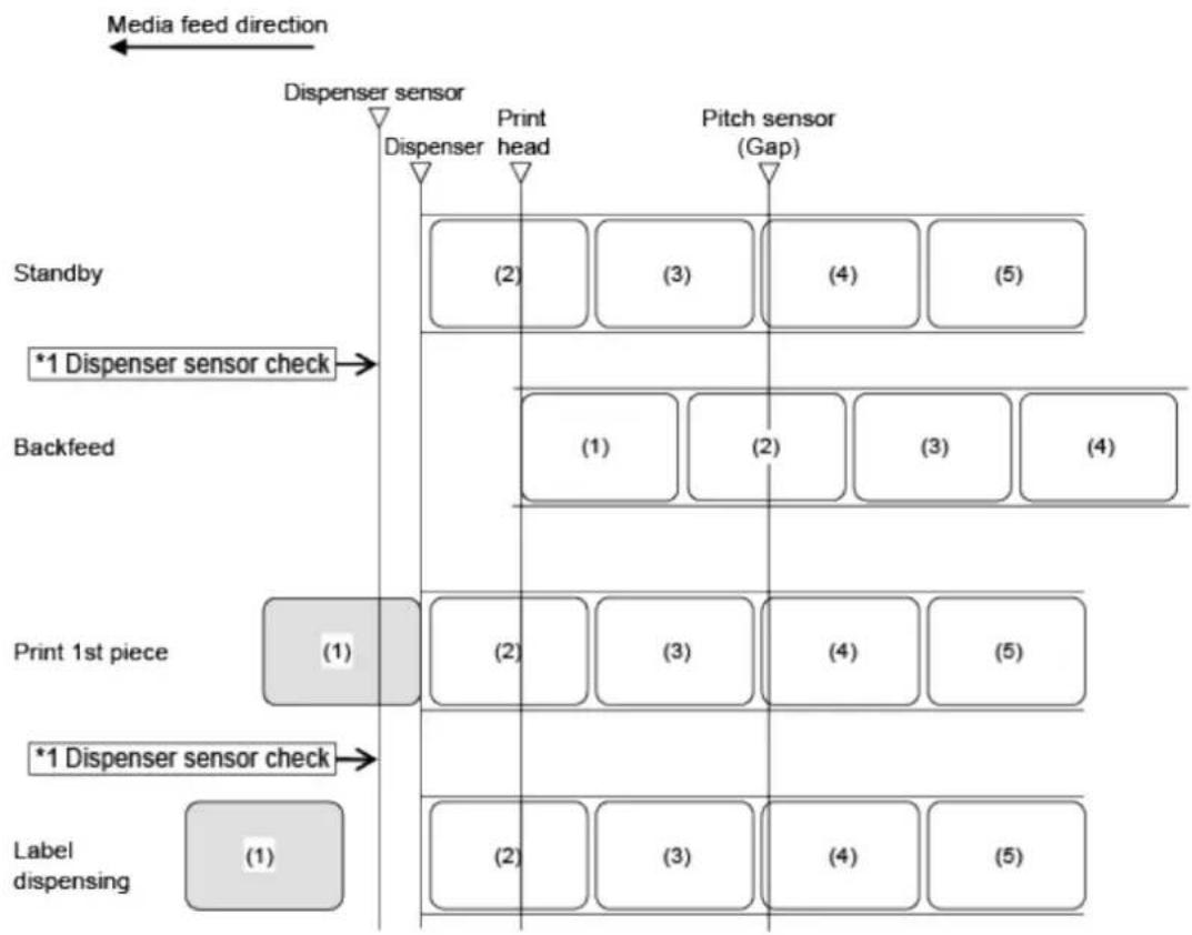 SATO CL4NX Plus - Operation 28: Dispenser Mode, Backfeed Before Printing, and Without Pulse Input (Head Check Enabled) - 1