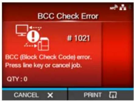 SATO CL4NX Plus - Error Message 1021 (BCC Check Error) - 1