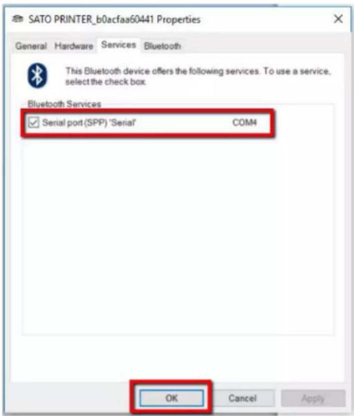 SATO CL4NX Plus - Confirm the port assigned as the [Serial port (SPP)] in the [Services] tab, and click [OK]. - 1