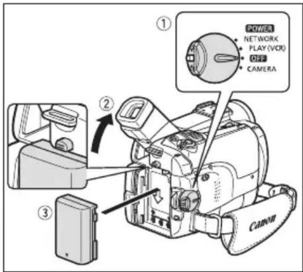CANON MVX350i - Attaching the Battery Pack - 1