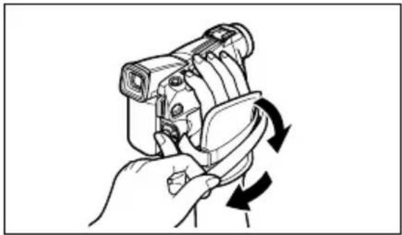 CANON MV650i - Hold the camcorder with your right hand and adjust the belt with your left. - 1